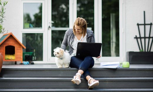 一个人坐在甲板最上面的台阶上，膝盖上平衡地放着一台笔记本电脑, 拍着一只毛茸茸的小白狗
