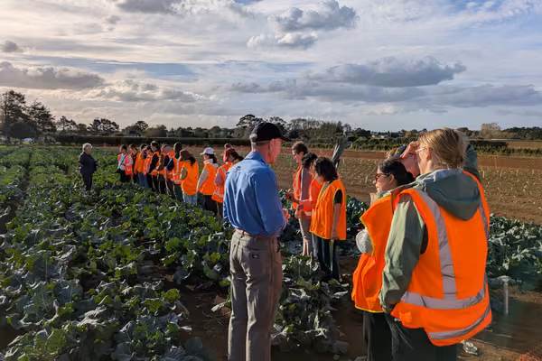 Students in hi-vis vests out in a field