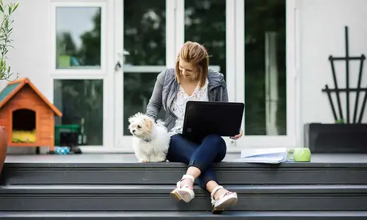 Person sitting on the top step of a deck with a laptop balanced on their knees, patting a small white furry dog
