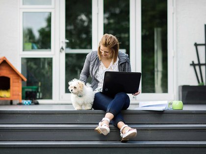 Student sitting on top step, balancing a laptop on their lap, patting a small, white and furry dog