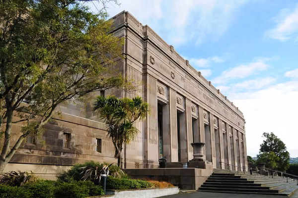 Exterior of the Museum building with wide steps, with a tree in the foreground