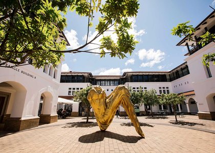 Sculpture and buildings on the Auckland campus