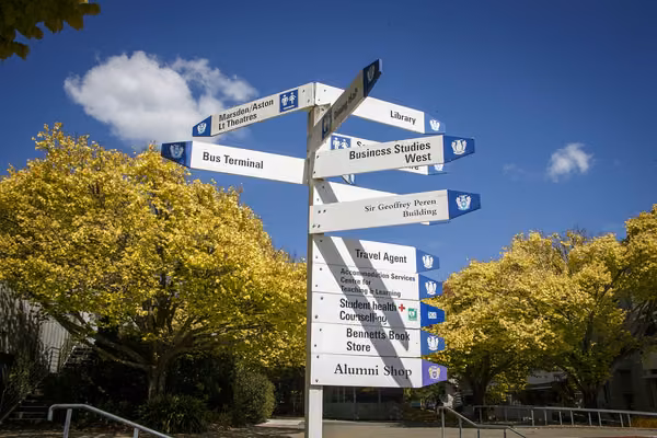 Signpost of building names, with campus buildings and trees in the background