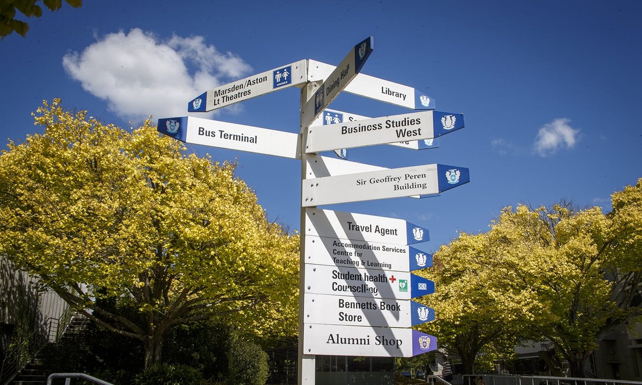 Signpost of building names, with campus buildings and trees in the background