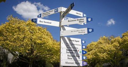 Signpost of building names, with campus buildings and trees in the background