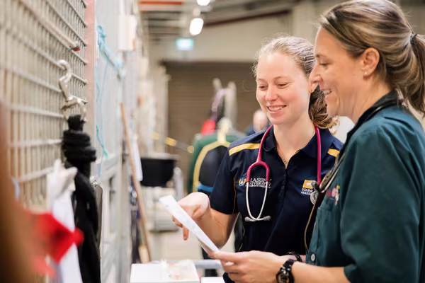 Two veterinary professionals looking over a report