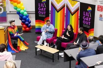Panel discussion at Lil' Gay Out, with Hugo Grrl, Hāmiora Bailey, Chlöe Swarbrick (speaking in the image) and Dr Tere McGonagle-Daly