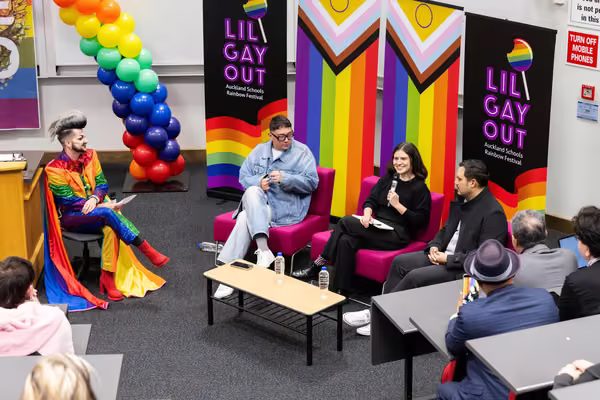 Panel discussion at Lil' Gay Out, with Hugo Grrl, Hāmiora Bailey, Chlöe Swarbrick (speaking in the image) and Dr Tere McGonagle-Daly