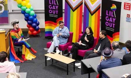 Panel discussion at Lil' Gay Out, with Hugo Grrl, Hāmiora Bailey, Chlöe Swarbrick (speaking in the image) and Dr Tere McGonagle-Daly