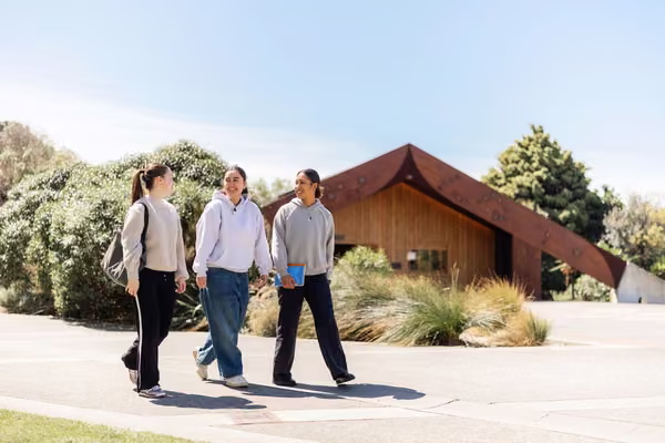 Students walking past Wellington Campus Marae 2025