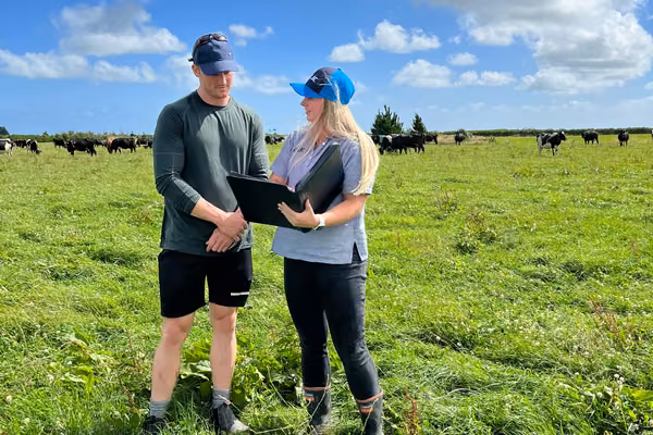 woman and man standing in field of cows looking at documents in a binder