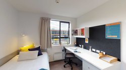 Matipo, Titoki and Tānekaha apartments' single bedroom with bed, desk and chair