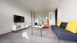 Matipo, Titoki and Tānekaha apartments' lounge area with couches, coffee table and wall mounted TV