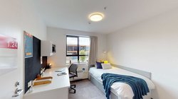 Matipo, Titoki and Tānekaha apartments' single bedroom with bed, desk and chair