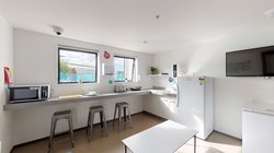 Pūkeko, Tui and Weka halls' kitchen with bench tops, a fridge, a microwave and bar stools