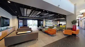 Te Rito's large, airy common area with couches, coffee tables and a large wall mounted TV