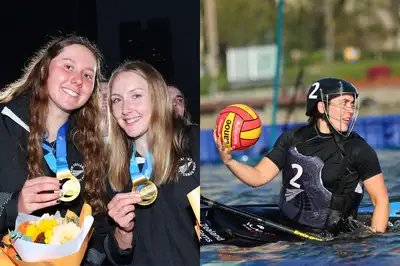 Side by side photos of Alyssa and Georgia with their medals, and Klara in the water