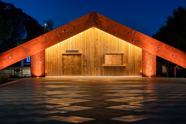 Te Rau Karamu Marae lit up at night