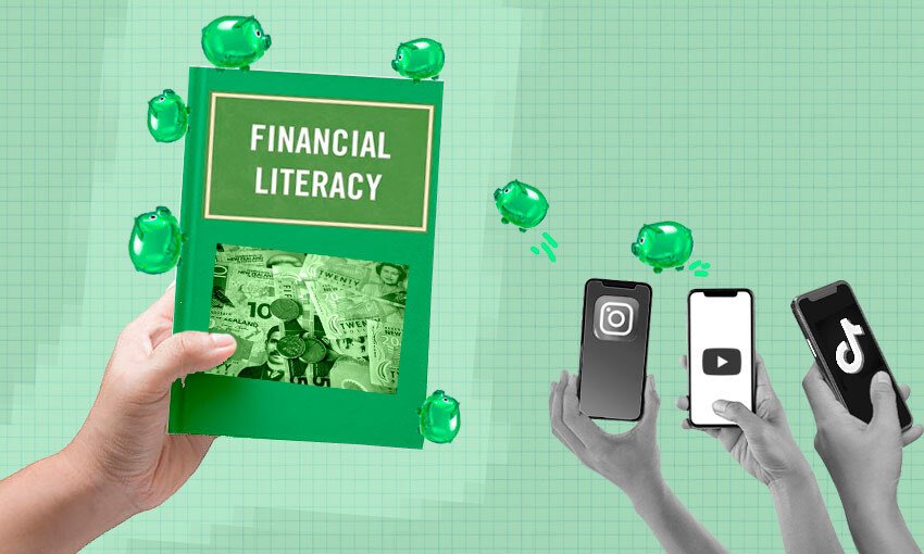 Image of a finance textbook next to smartphones with social media apps being used.