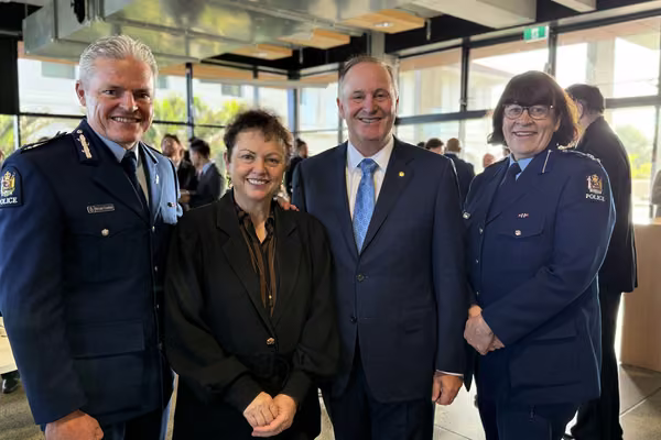 From left: Police Commissioner Richard Chambers, Vice-Chancellor Professor Jan Thomas, Sir John Key, Acting Deputy Commissioner - Northern Districts Jill Rogers.