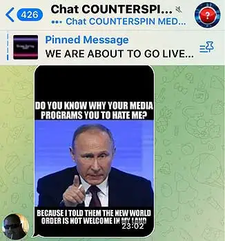 Counterspin media image from Twitter depicting a Vladimir Putin meme. Text reads "do you know why your media programs hate me? Because I told them the new world order is not welcome in my land"