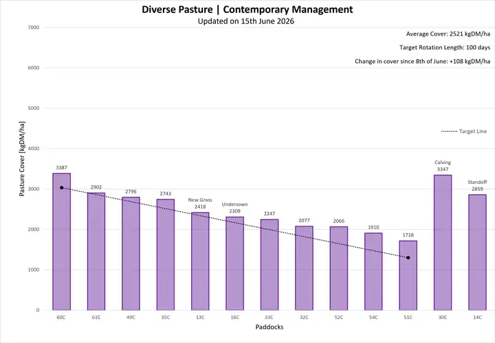 Bar graph showing pasture covers (kgDM/ha) against paddocks for Diverse Pasture | Contemporary Management. Data is also available in the table under Farmlet Data.