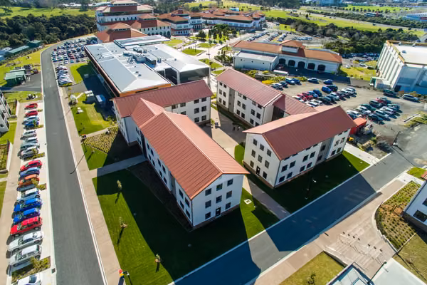 Aerial perspective of Pūkeko, Tui and Weka halls and their carparks