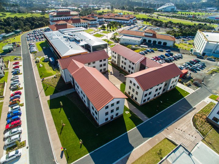 Aerial perspective of Pūkeko, Tui and Weka halls and their carparks