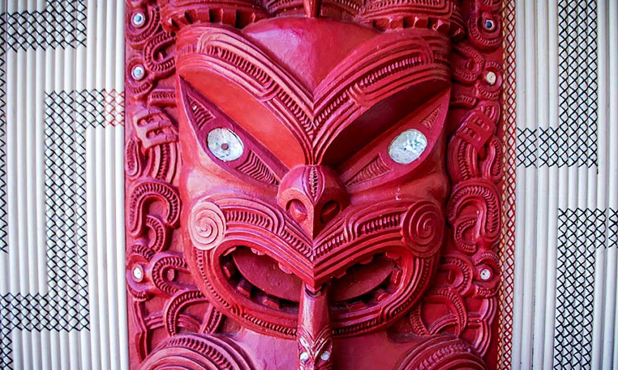 Close-up of traditional wooden Māori carving