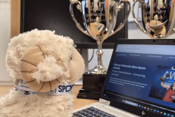 soft toy ram looking at a computer screen surrounded by trophies