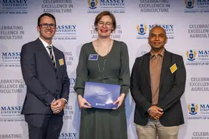 Award winner Georgia Dowling with Zespri representatives Justin White and Agam Nangul at the Massey Agriculture Awards.
