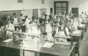Vintage photo of students in a lab looking at glass beakers