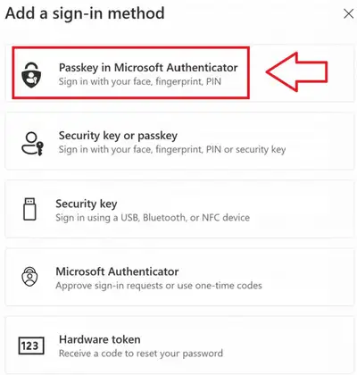 In the Add a sign-in method window, choose Passkey in Microsoft Authenticator.