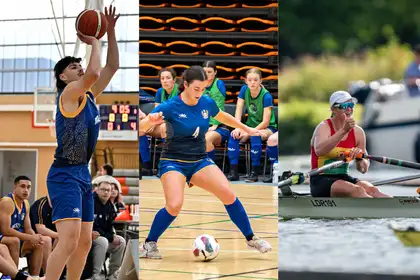 A collage of action shots of Liam Judd, Milla Green and Sophie Egnot-Johnson playing their respective sports