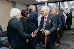 Pro Vice-Chancellor College of Health Professor Jill McCutcheon shakes hands with Reverend John Marsden, Te Rūnanga o Ngāti Whātua.