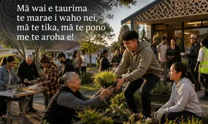 Mā wai rā e taurima te marae i waho nei, Mā te tika, mā te pono, me te aroha.