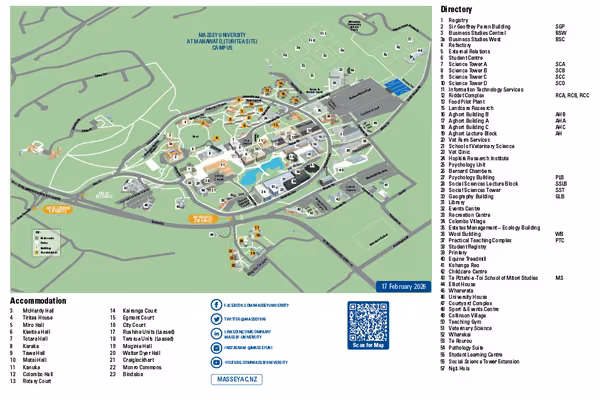 Aerial map view of campus with buildings numbered and grey roads on green backdrop.