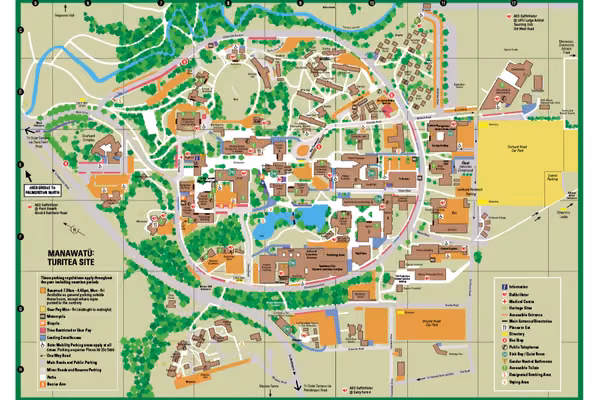 Graphic map of whole campus with grid overlay and key.