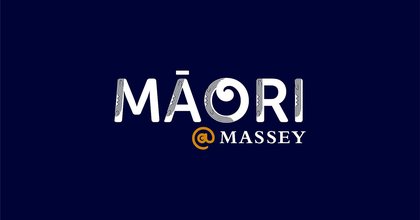 A logo with white words of Māori @ Massey on a navy background