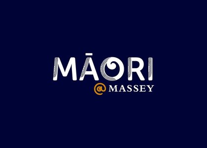 A logo with white words of Māori @ Massey on a navy background