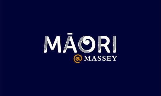 A logo with white words of Māori @ Massey on a navy background