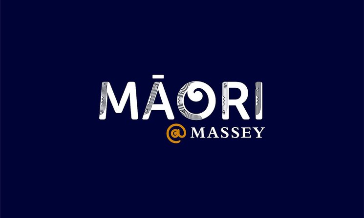 A logo with white words of Māori @ Massey on a navy background