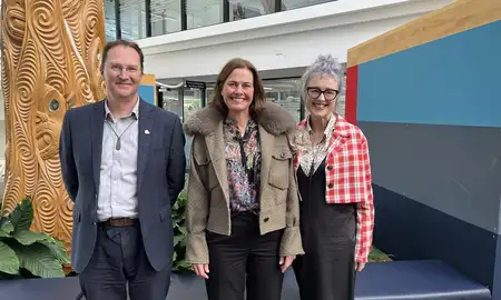 Dr Mark Nichols, Open Polytechnic Executive Director Learning Design and Development and ICDE president, Torunn Gjelsvik, Secretary General of the ICDE, and Professor Giselle Byrnes, Provost at Massey University, at Open Polytechnic's Lower Hutt campus.