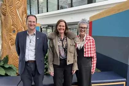 Dr Mark Nichols, Open Polytechnic Executive Director Learning Design and Development and ICDE president, Torunn Gjelsvik, Secretary General of the ICDE, and Professor Giselle Byrnes, Provost at Massey University, at Open Polytechnic's Lower Hutt campus.