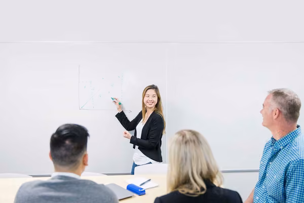 Four people plot a graph on a large whiteboard