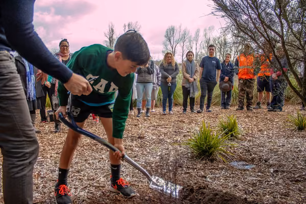 Young boy planting a tree at a ceremony celebrating Matariki