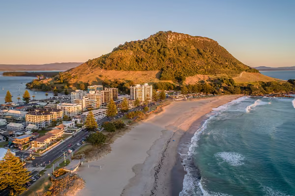 Aerial photo of Mount Maunganui at sunrise.