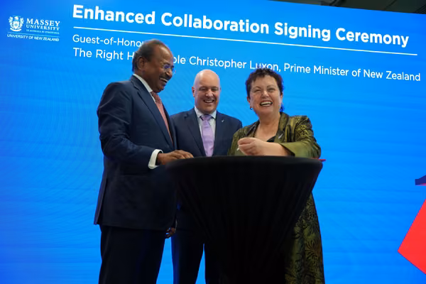 PSB Academy Chairman Viva Sinniah, NZ Prime Minister Christopher Luxon and Vice-Chancellor Professor Jan Thomas