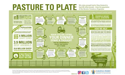 Pasture-to-plate Agriscience infographic poster showing the cycle of food production in New Zealand