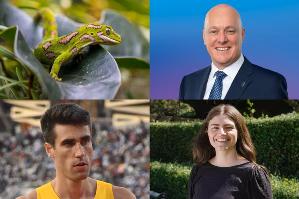 Montage image of Quote of the Year finalists, Prime Minister Christopher Luxon, Olympian Hamish Kerr and Green party co-leader Chlöe Swarbrick.